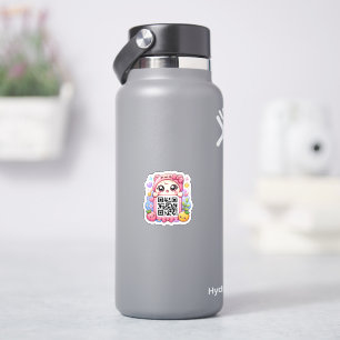 Adesivo Bonito Personagem de Código QR Rosa Kawaii Floral