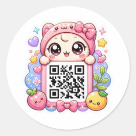 Adesivo Bonito Personagem de Código QR Rosa Kawaii Floral