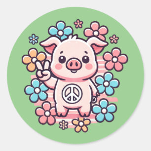 Adesivo Bonito Porco com Sinal de Paz e Flores Temidas de