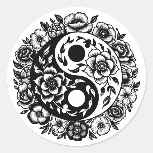 Adesivo Bonito Preto e Branco Floral Yin Yang (Frente)