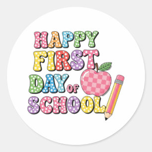 Adesivo Bonito Retro Feliz Primeiro Dia de Aula Crianças