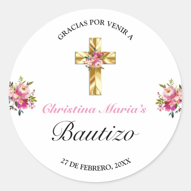 Adesivo Bonito Rosa Floral Oro Cruz Bautismo Gracias (Frente)