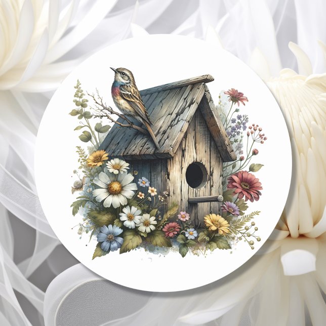 Adesivo Bonito Watercolor Rustic Birdhouse e Bird (Criador carregado)