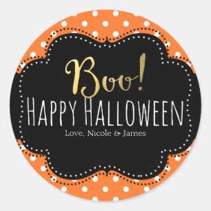 Adesivo BOO! Favor de Halloween Laranja e Branco de Bolinh