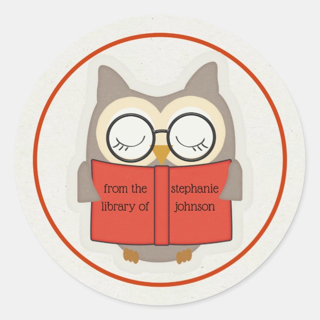 Adesivo Bookish Owl Red-Taupe-White Bookplate (Frente)