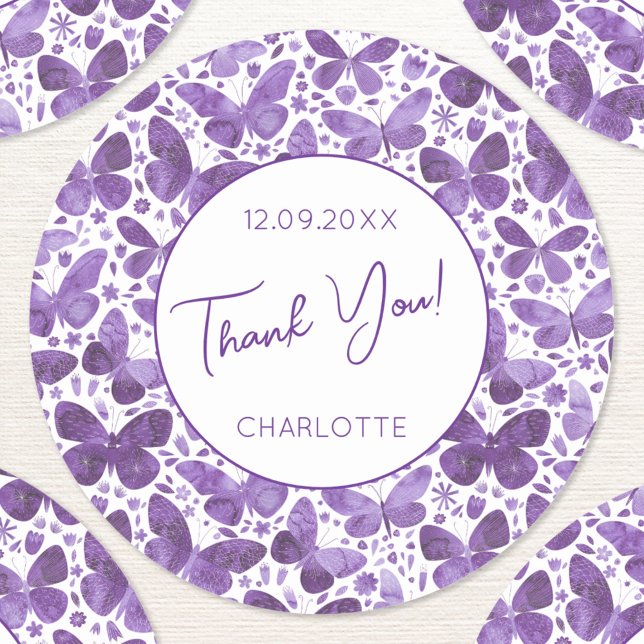 Adesivo Borboleta Aquarela Puro Obrigado Nome Data (Pretty purple butterfly pattern thank you personalized name date sticker)