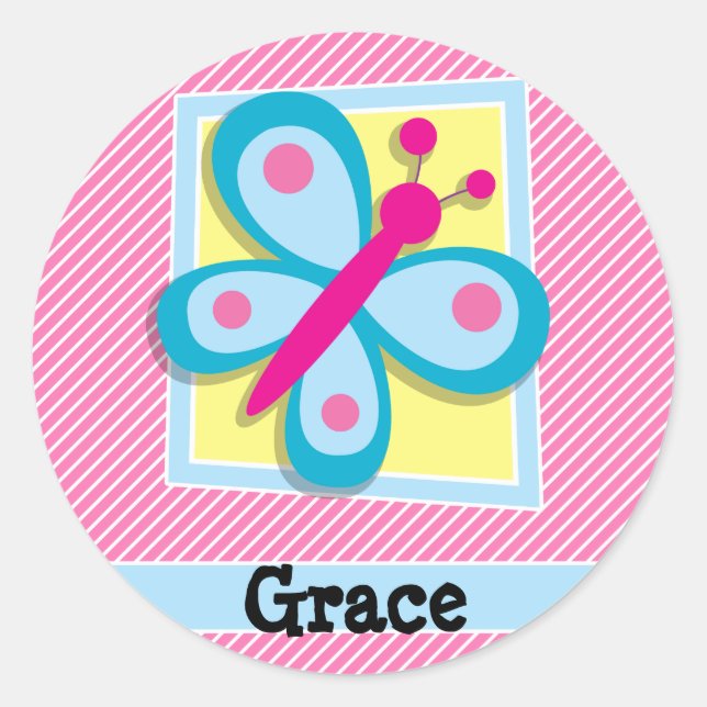 Adesivo Borboleta Azul em faixas rosa e brancas (Frente)