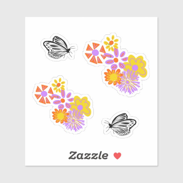 Adesivo Borboleta branca preta flores amarelas alaranjadas (Folha)