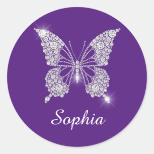 Adesivo Borboleta Diamante Branco, Nome em Letra, Roxo Rea
