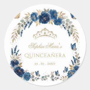 Adesivo Borboleta Floral Tiara Azul Dourada Quinceañera