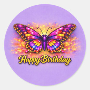 Adesivo Borboleta Mágica de Aniversário Feliz Dourada e Ro