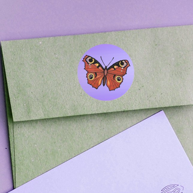 Adesivo Borboleta Monarca Vívida bonito (Pretty brown monarch butterfly on purple round stickers.)