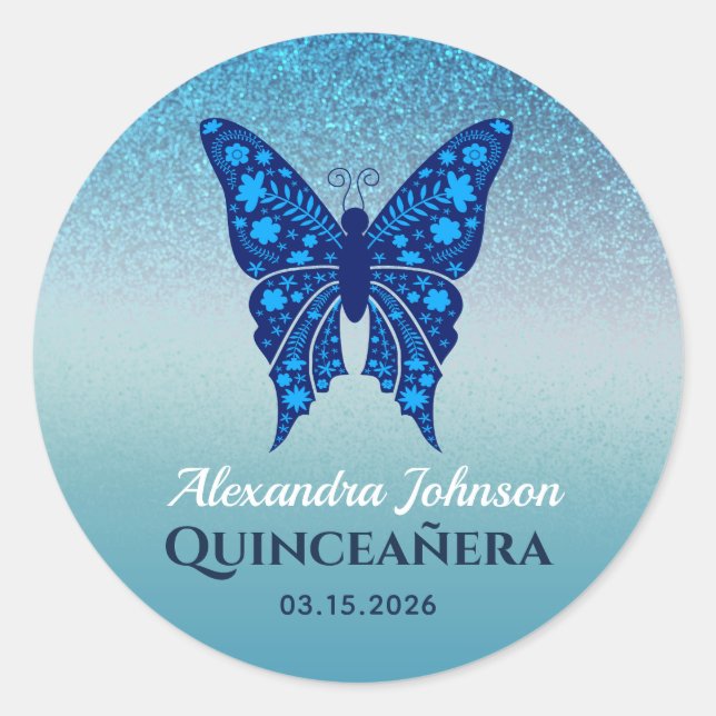 Adesivo Borboleta Quinceañera Brilho Azul (Frente)