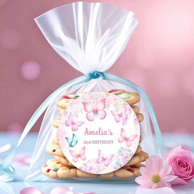 Adesivo Borboleta Rosa Púrpura Floral de Verão, Aniversári (Butterfly Pink Purple Floral Summer Girl Birthday Classic Round Sticker)
