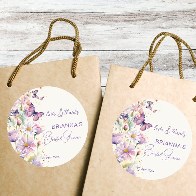 Adesivo Borboletas chá de noiva lavanda obrigado favor (Butterflies bridal shower lavender purple pink thank you favor stickers spring enchanted garden)