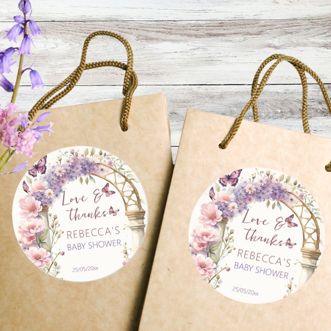 Adesivo Borboletas de jardim entonadas - chá de fraldas (Enchanted garden butterflies baby shower thank you favor sticker baby shower favors pastel lilac)