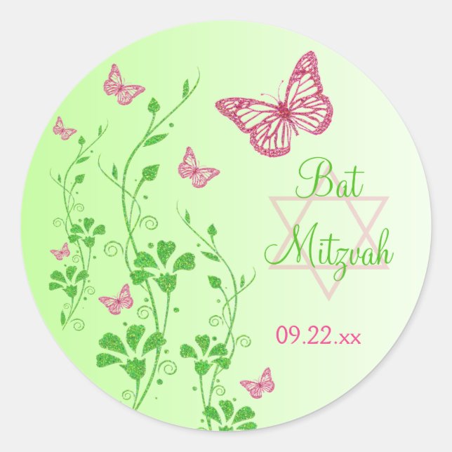 Adesivo Borboletas Florais Verdes Rosa Bat Mitzvah Sticker (Frente)