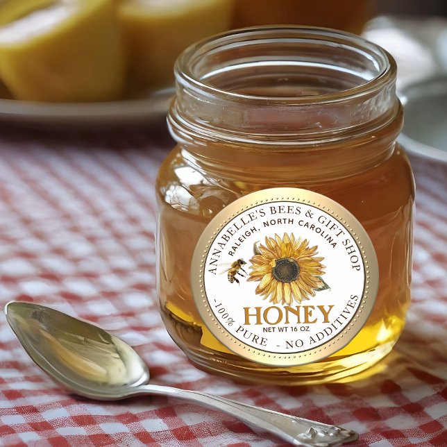 Adesivo Borda Dourada do Rótulo de Mel de Girassol e Abelh (Criador carregado)