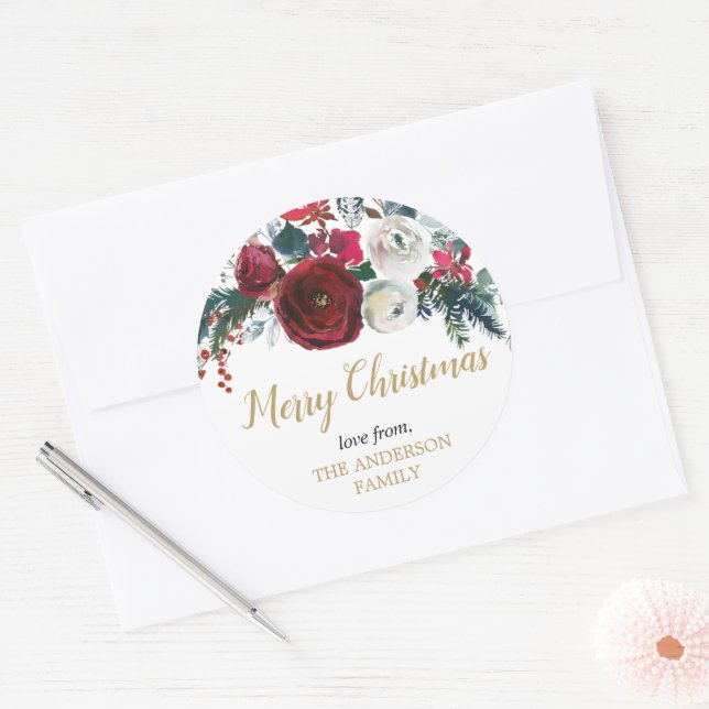 Adesivo Borgonha de ouro elegante floral de Natal (Envelope)