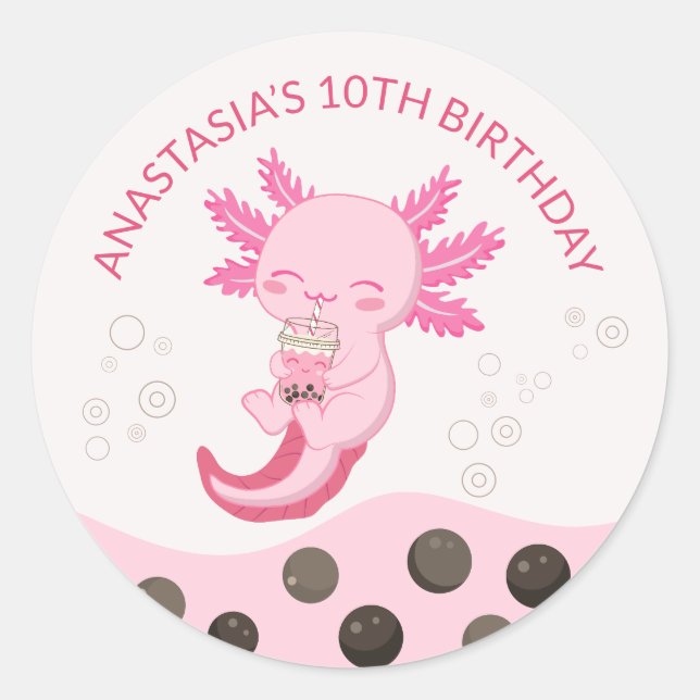 Adesivo Borracha Axolotl rosa Festa de aniversário Boba Te (Frente)