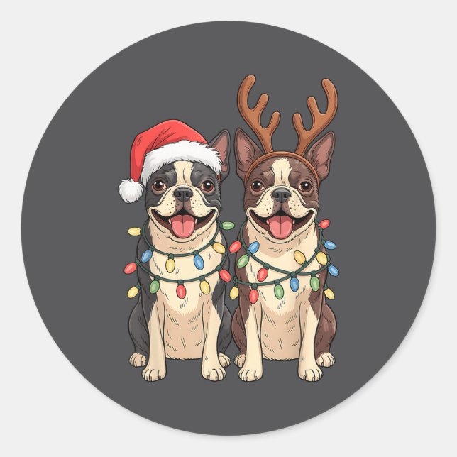 Adesivo Boston Terrier Christmas Santa Hat Reindeer Lights (Frente)