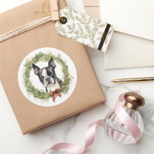 Adesivo Boston Terrier Christmas Wreath Festivo Pup