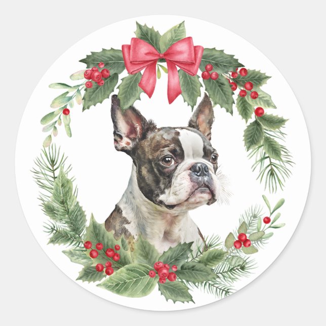 Adesivo Boston Terrier Dog Red Arco Holly Wreath (Frente)