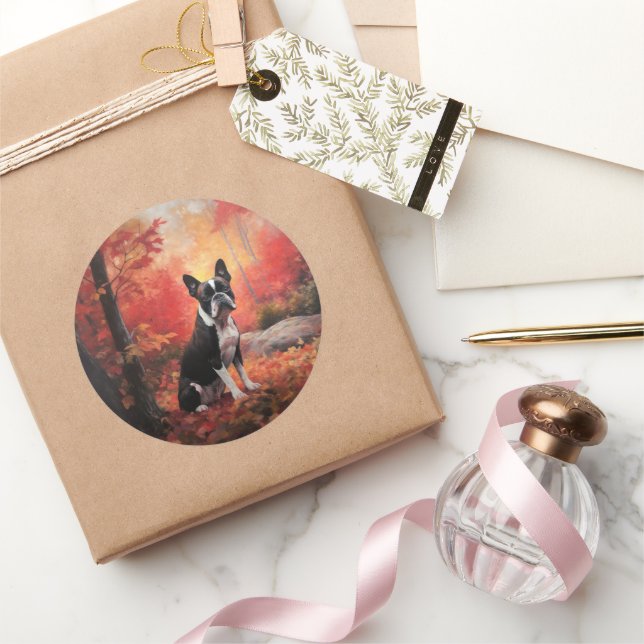 Adesivo Boston Terrier no outono deixa cair inspiração (Presentear)