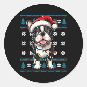 Adesivo Boston Terrier Papais noeis Xmas Tree Luzes Bostie