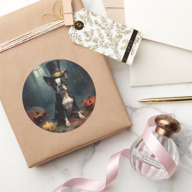Adesivo Boston Terrier Pumpkins Halloween Assustado (Presentear)