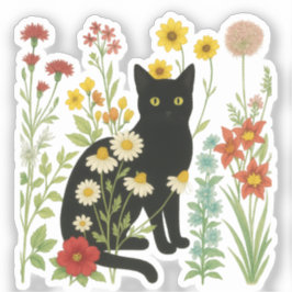Adesivo Botanical Nature – Black Cat in Wildflower Garden