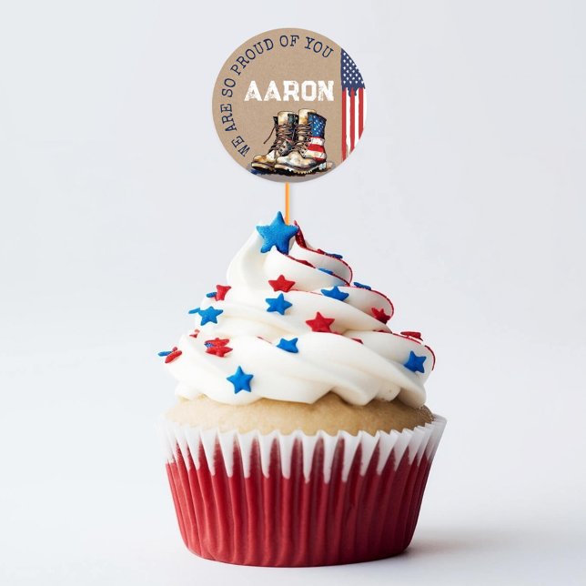 Adesivo Botas Militares Bandeiras RUSTIC Saindo Festas (Rustic Kraft patriotic US flag boots custom name military going away party cupcake pick stickers set)