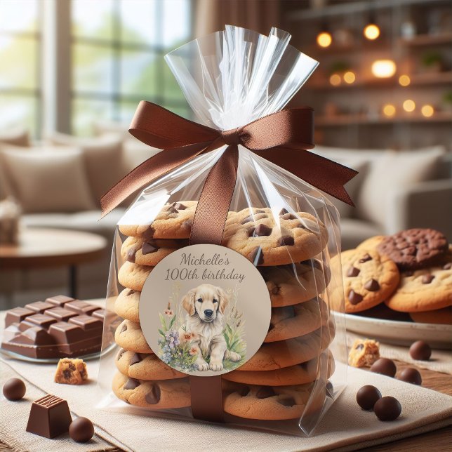 Adesivo Bote Retriever Ouro Puppy 100º Aniversário (Golden retriever 100th birthday party sticker for favor bags)