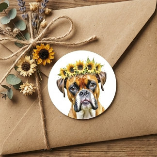 Adesivo Boxer Dogue com Coroa de Girassol Floral em Aquare