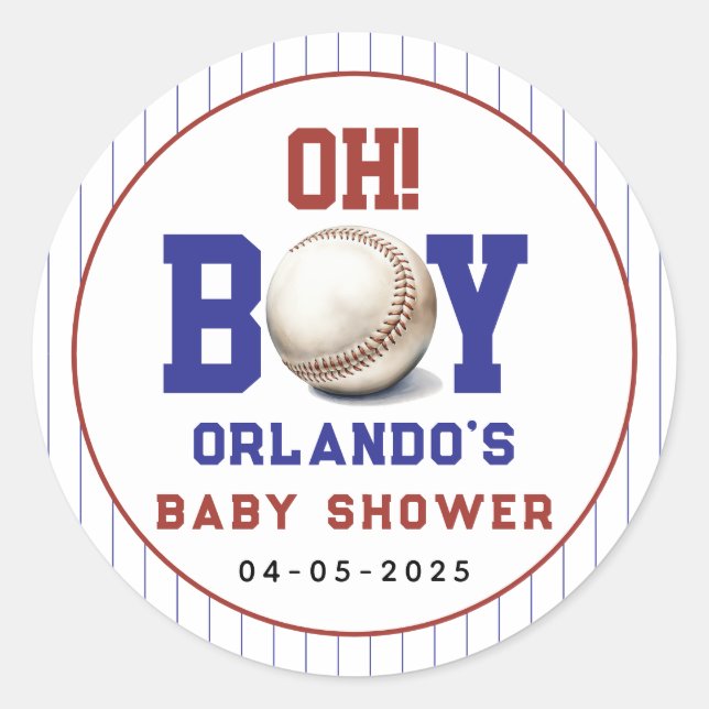 Adesivo Boy Baseball Baby Shower | Cute Sports Party (Frente)