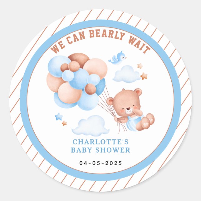 Adesivo Boy Teddy Bear “We Can Bearly Wait” Baby Shower (Frente)