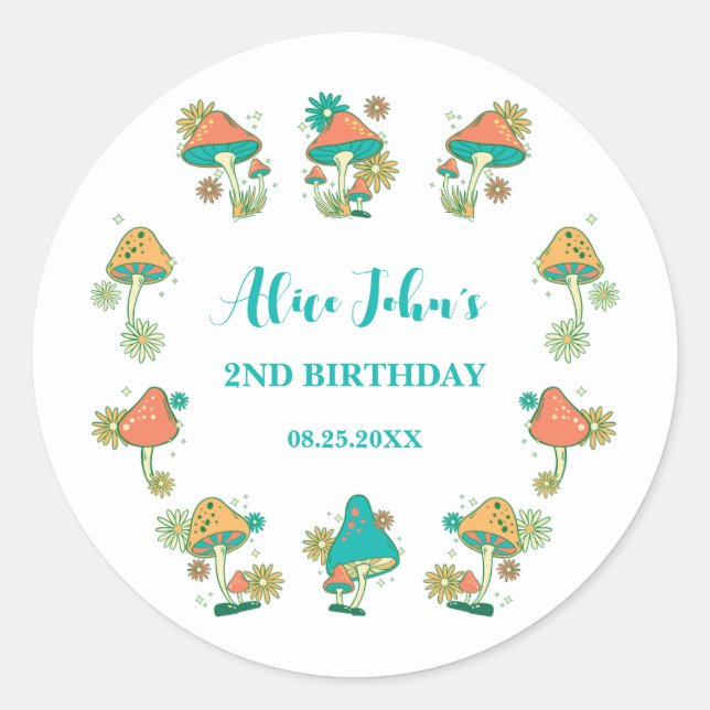 Adesivo Branca de Groovy Psychedelic Mushroom Aniversário (Frente)