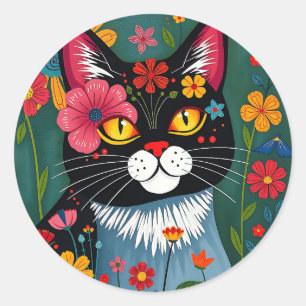 Adesivo Branca e Gato de Arte Foliar e Flores