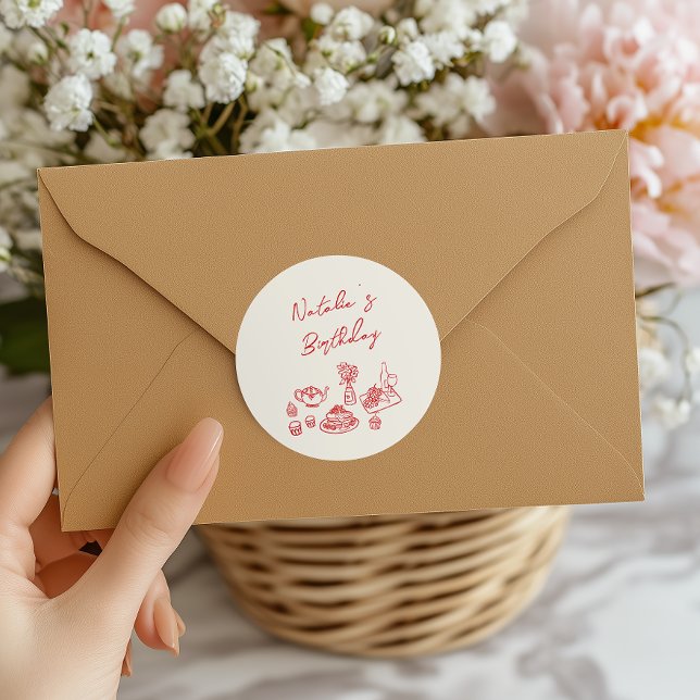 Adesivo Branca Vermelha Desenhada na Mão Retrorna Aniversá (Criador carregado)