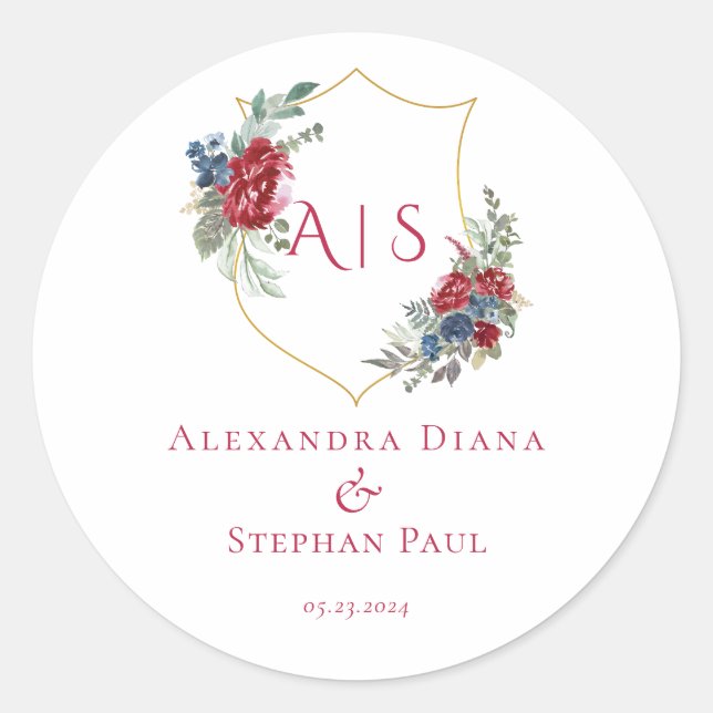 Adesivo Brasão Floral Botânico Vintage Magenta Monograma (Frente)