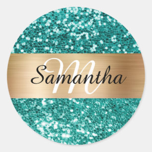Adesivo Brilho Azul Turquesa Glitter Dourado Monograma