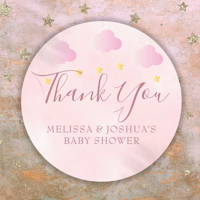 Adesivo Brilho Brilho Chá de Bebê Rosa Suave Obrigado (Twinkle Twinkle Baby Shower Soft Pink Thank You Classic Round Sticker)