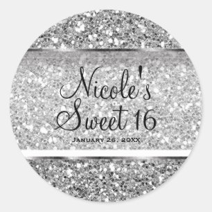 Adesivo Brilho Prateado Glam Sweet 16 Favor Personalizado 