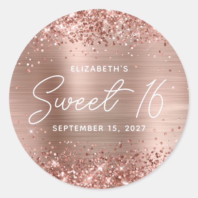 Adesivo Brilho Rosa Dourado Glam Moderno Script Sweet 16 (Frente)