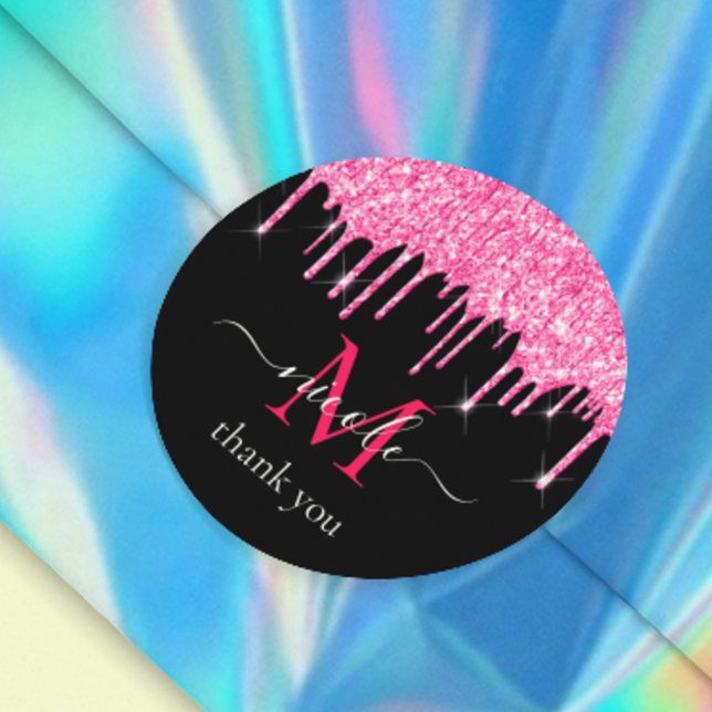 Adesivo Brilho Rosa Quente + Obrigado Monograma Preto U (Criador carregado)