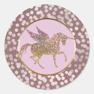 Adesivo Brinde de Unicórnio Voador Brilhante Rosa e Dourad