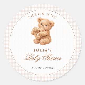 Adesivo Brown Gingham Teddy Bear Neutral Baby Shower Paper