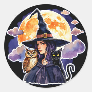 Adesivo Bruxa com gato e coruja - Fã de Halloween Divertid