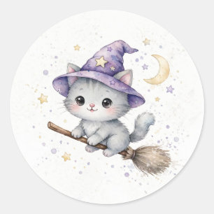 Adesivo Bruxa de Gatinho Cinza em Vassoura de Halloween