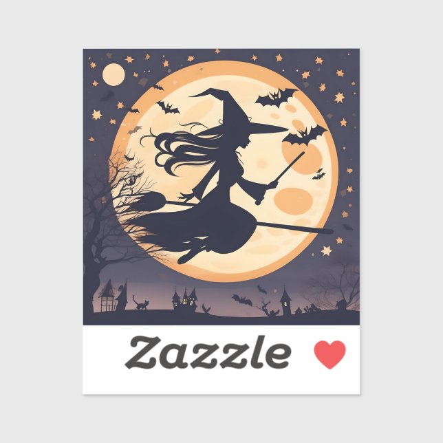 Adesivo Bruxa de Halloween, Bruxa e Lua, Bruxa Voando (Folha)